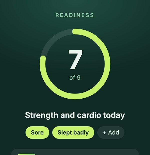 A readiness score of 7 of 9 in a green ring, with strength and cardio picked for today