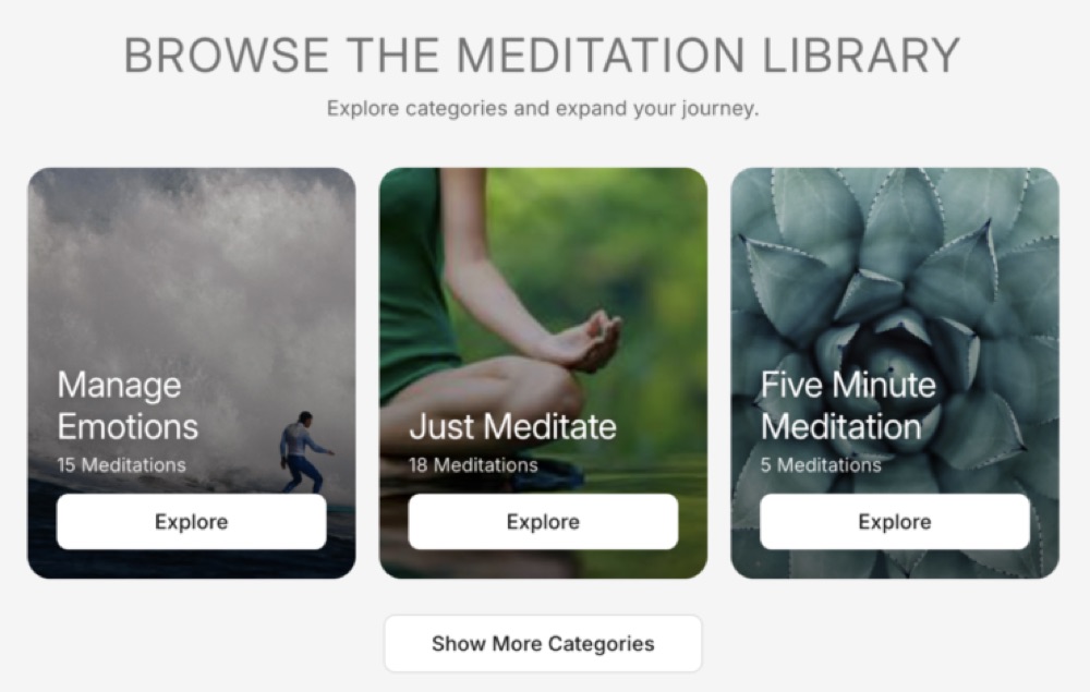 A meditation library, browsed by category