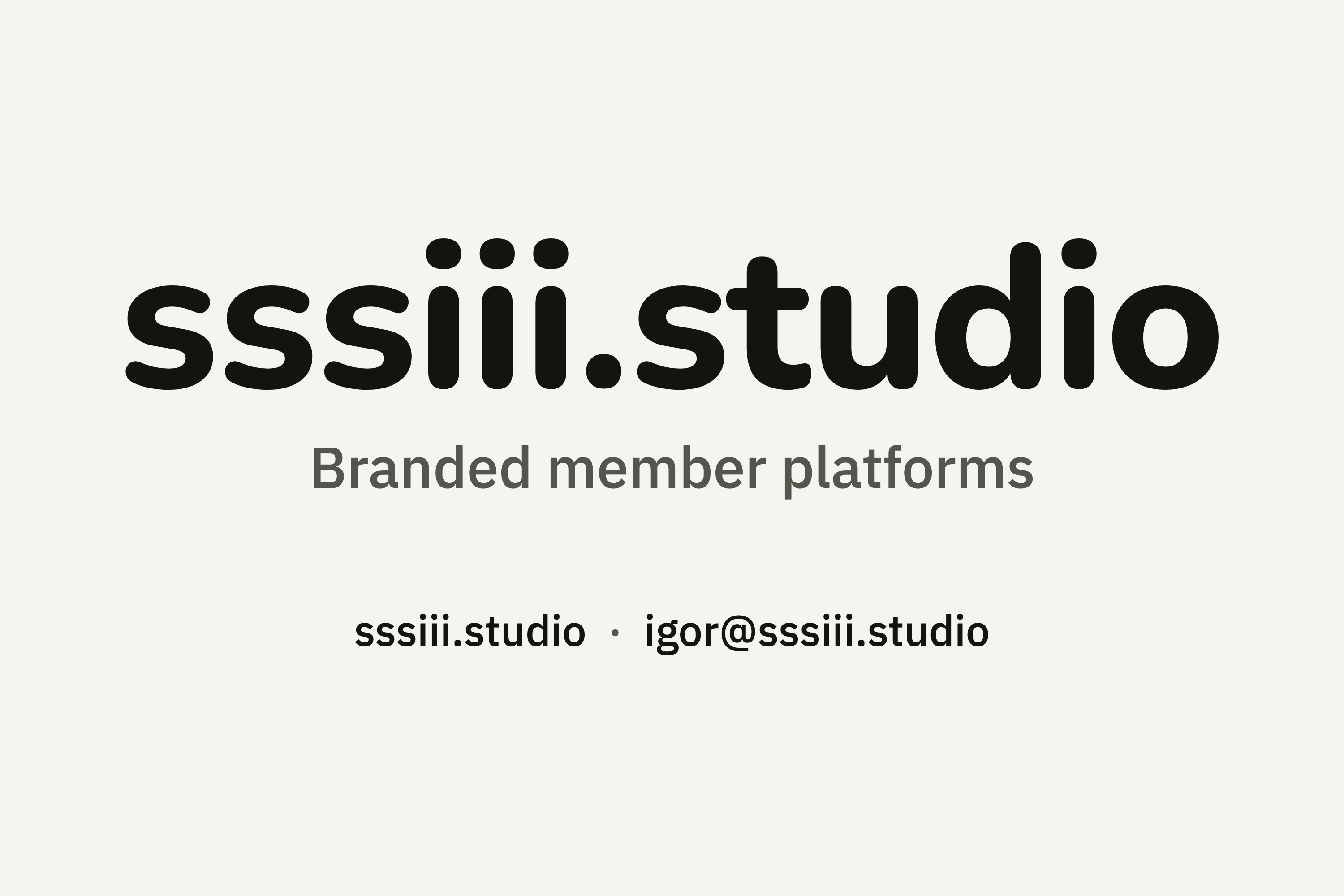 A card: the sssiii.studio wordmark, Branded member platforms, and how to reach us